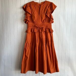 Ulla Johnson size L Florence midi dress ruffle orange cotton poplin tiered